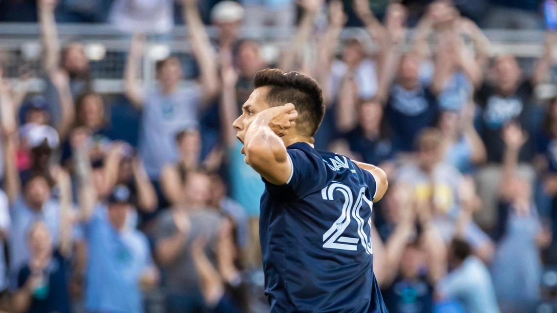 Sporting Kansas City’s Dániel Sallói hears it from an appreciative Children’s Mercy Park crowd after scoring the opening goal against the Colorado Rapids on Wednesday evening.