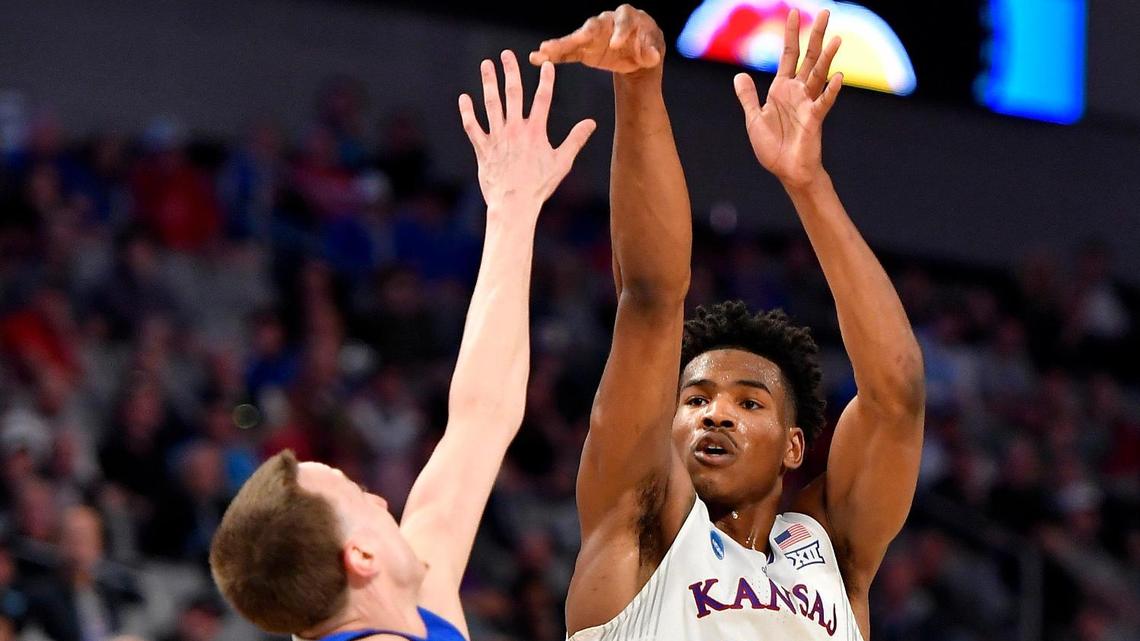 KU’s Ochai Agbaji sank this late three pointer over Creighton’s Alex O’Connell during the second half of the Jayhawks 79-72 win over the Blue Jays in a second round game of the NCAA Tournament in Fort Worth.