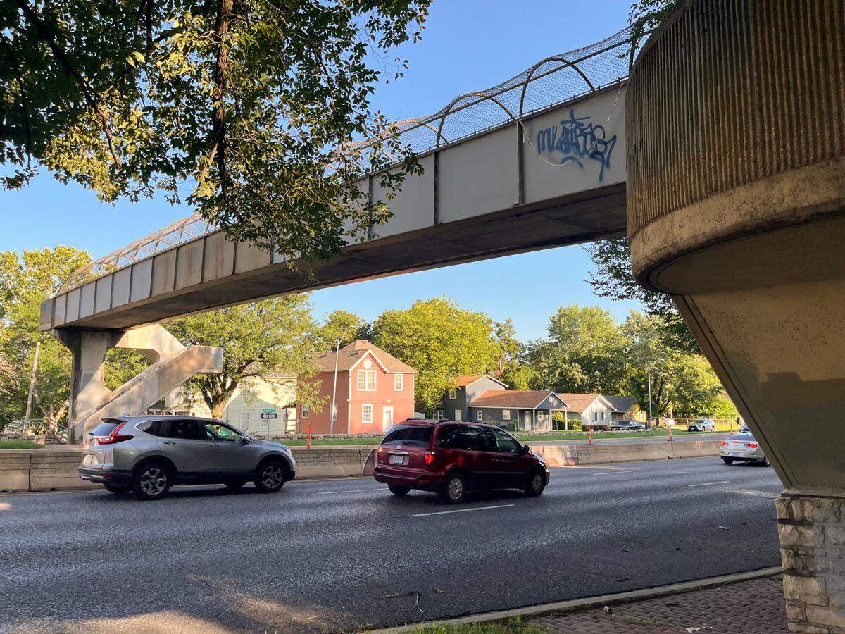The scaled back Southwest Trafficway pedestrian bridge as it stands today.