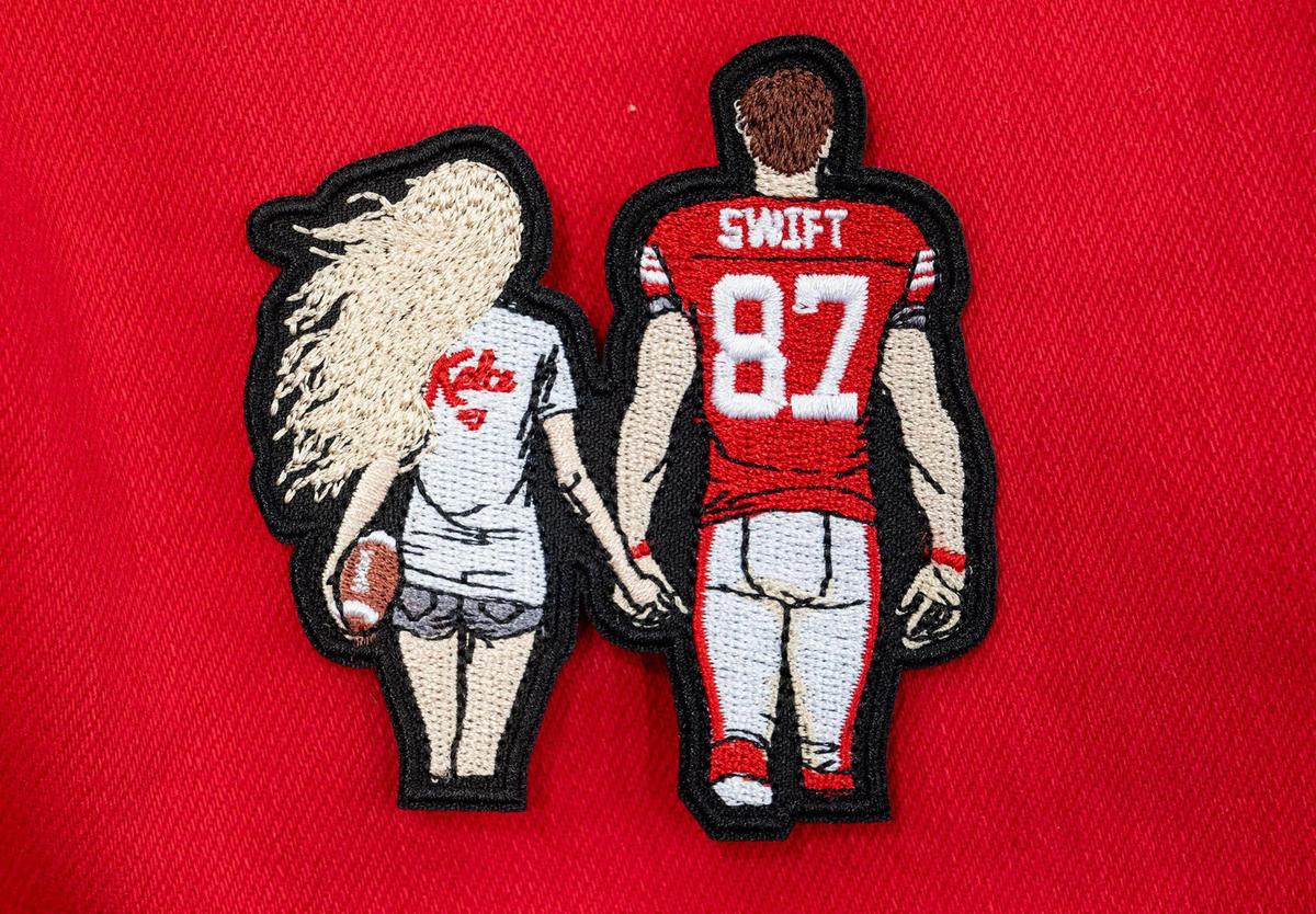 A popular, locally designed Taylor Swift and Travis Kelce Chiefs-themed patch available at the “patch bar” at Maxi Laine’s Boutique in Olathe.