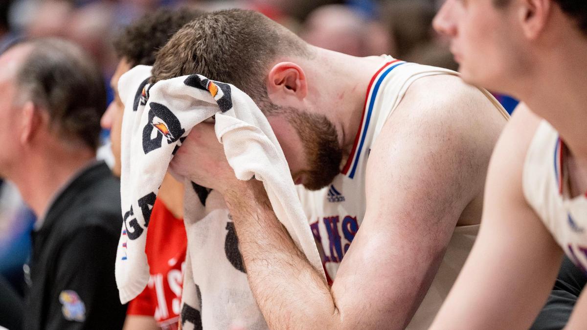 Kansas Jayhawks center Hunter Dickinson (1) reacts as the BYU Cougars take the lead during an NCAA college basketball game on Tuesday, Feb. 27, 2024, in Lawrence.