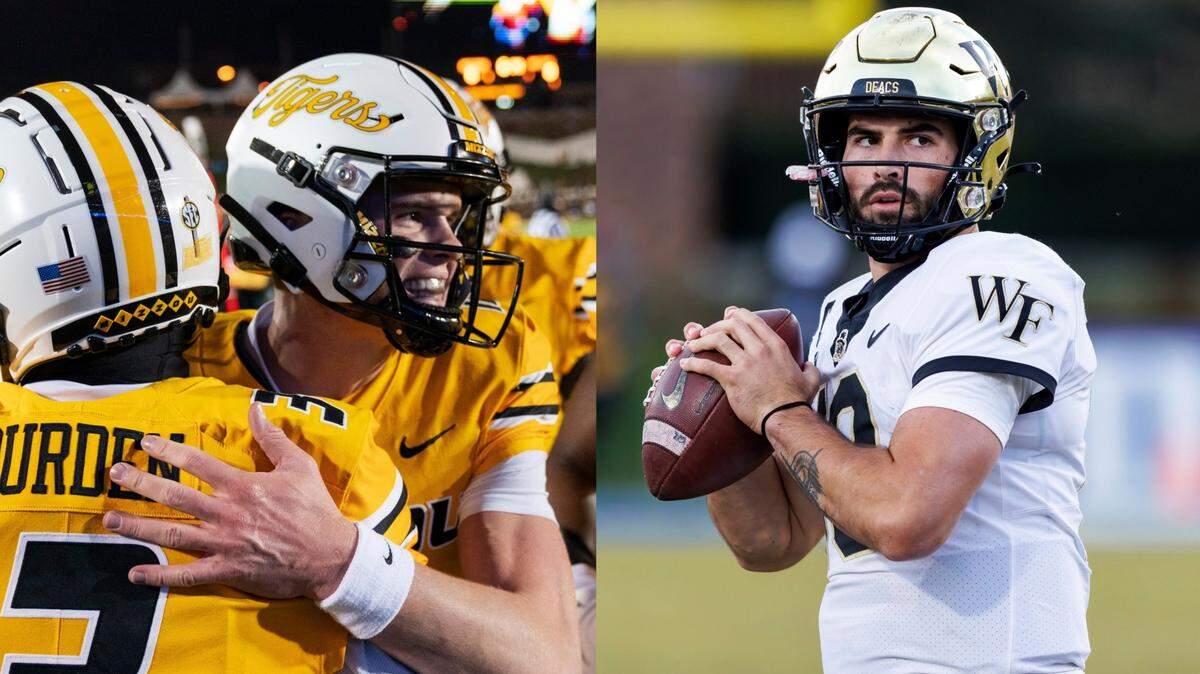 Brady Cook of Mizzou, left, and Sam Hartman of Wake Forest will quarterback their respective teams in the Gasparilla Bowl in Tampa, Fla.