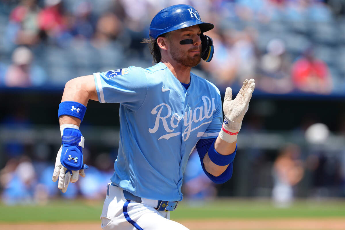 Bobby Witt Jr. #7 of the Kansas City Royals runs out a ground out against the Philadelphia Phillies in the first inning at Kauffman Stadium on July 6, 2026 in Kansas City.