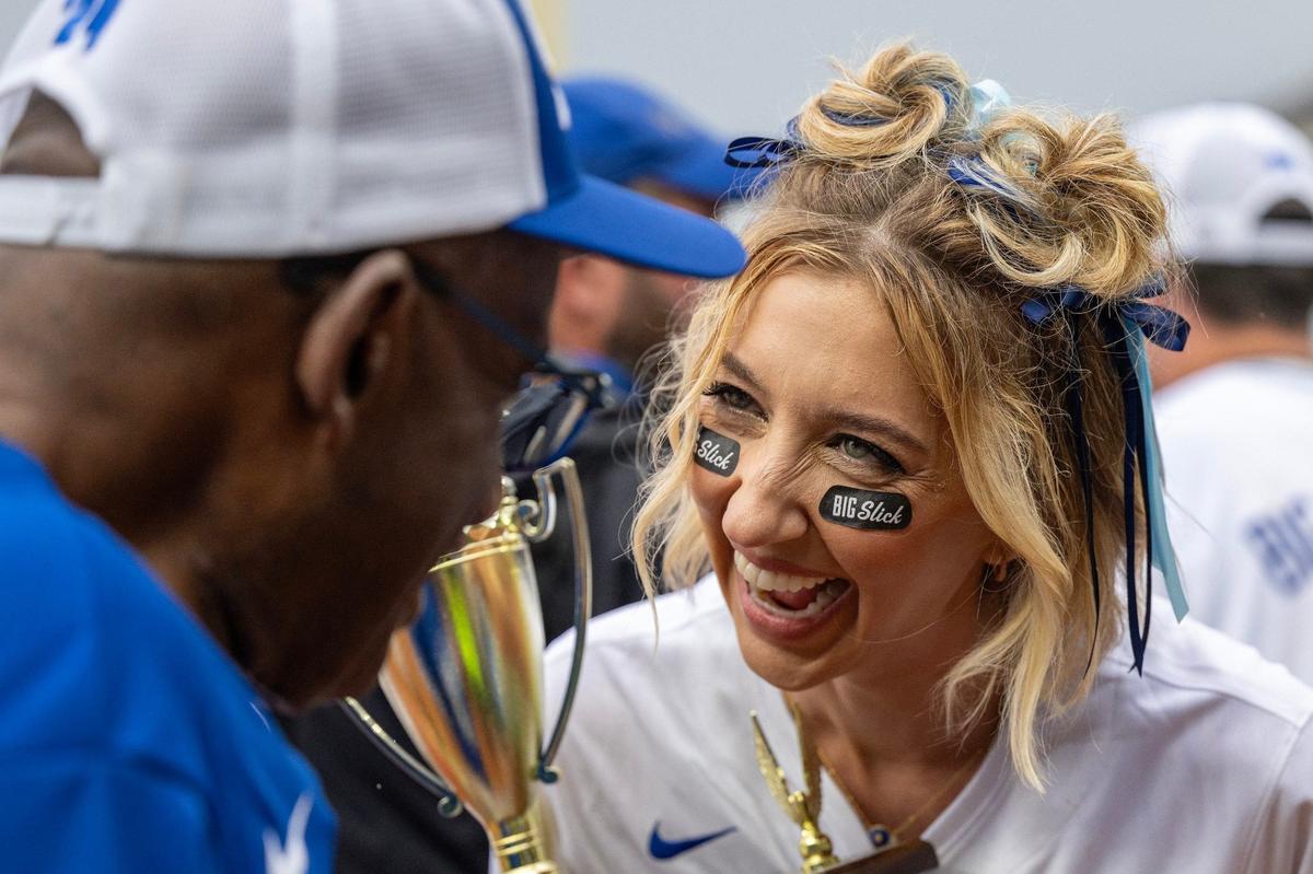 Heidi Gardner smiles while speaking to Al Roker during the Big Slick celebrity softball game at Kauffman Stadium on May 31, 2024, in Kansas City.