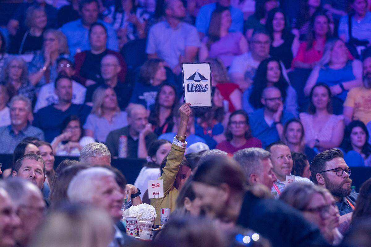Someone places a bid for a donation at the Big Slick fundraiser on Saturday, May 30, 2026, at T-Mobile Center. The annual fundraiser put on by famous Kansas City celebrities raises money for Children’s Mercy Hospital.