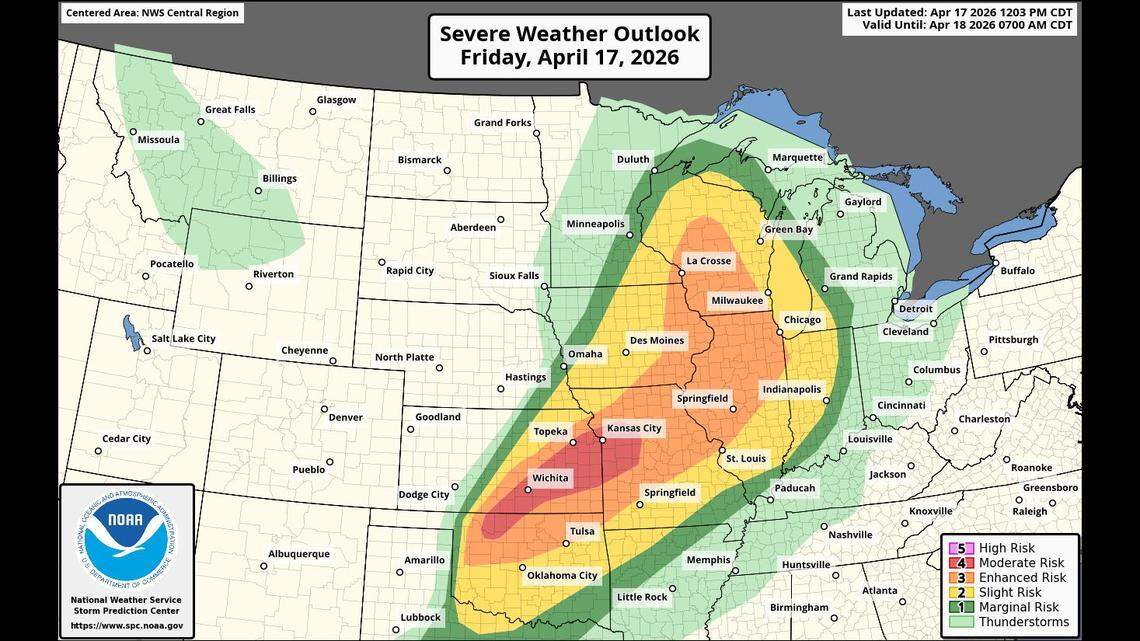 The Storm Prediction Center, part of the National Weather Service, raised the Kansas City area’s risk of severe weather Friday afternoon and evening from an Enhanced Risk to a Moderate Risk, from a Level 3 to a 4 out of 5. Giant hail, damaging winds and possibly isolated tornadoes are possible with the storms.