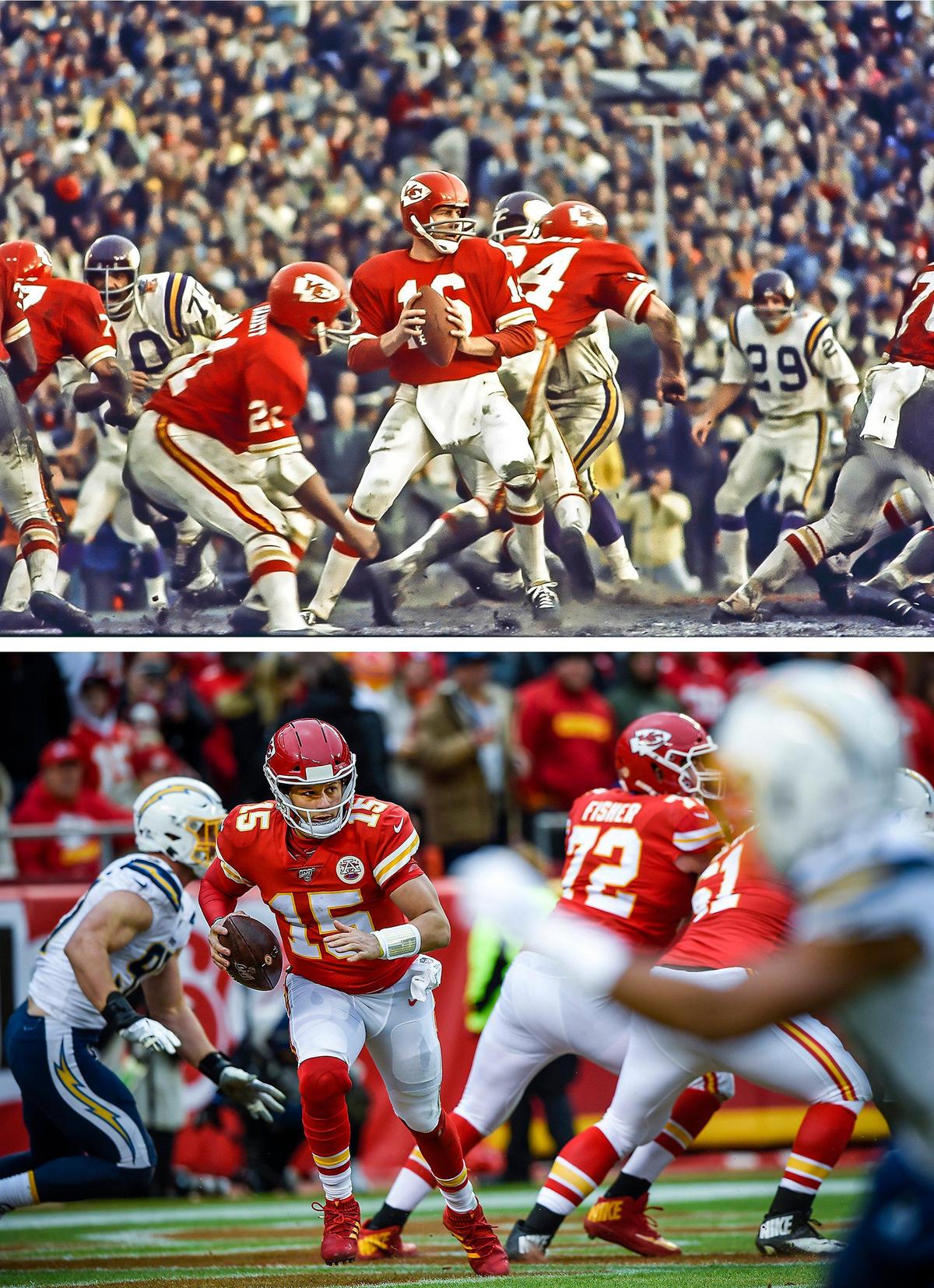 Kansas City Chiefs quarterbacks Len Dawson, top, and Patrick Mahomes. (Dawson photo by Roy Inman/Special to the Star, Mahomes photo by Tammy Ljungblad/The Kansas City Star)