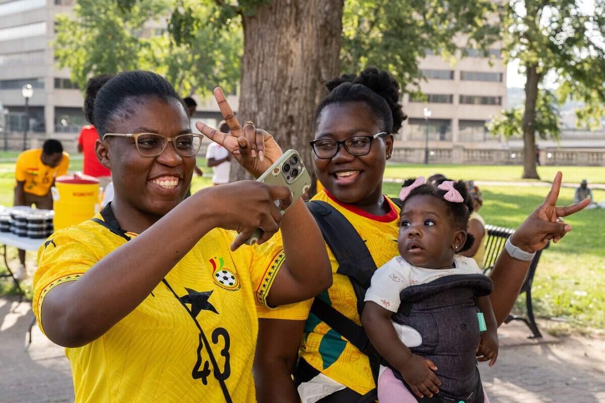 Ghanian fans hold a “jama,” Ghanian for cheer or rally, on Thursday, July 2, 2026, the day before the Ghana soccer team faces Colombia in a Round of 32 match in Kansas City.