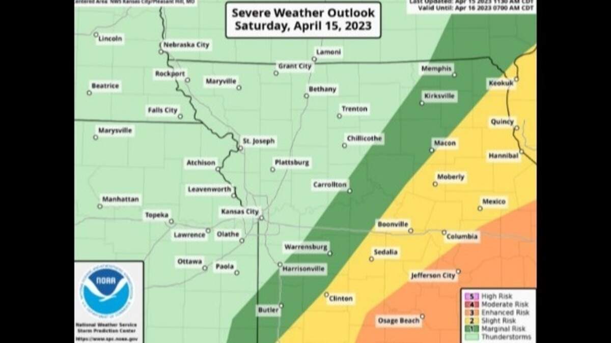 The National Weather Service in Kansas City told residents showers and thunderstorms from Kansas may be blowing through by the afternoon and severe storms are developing in central Missouri.