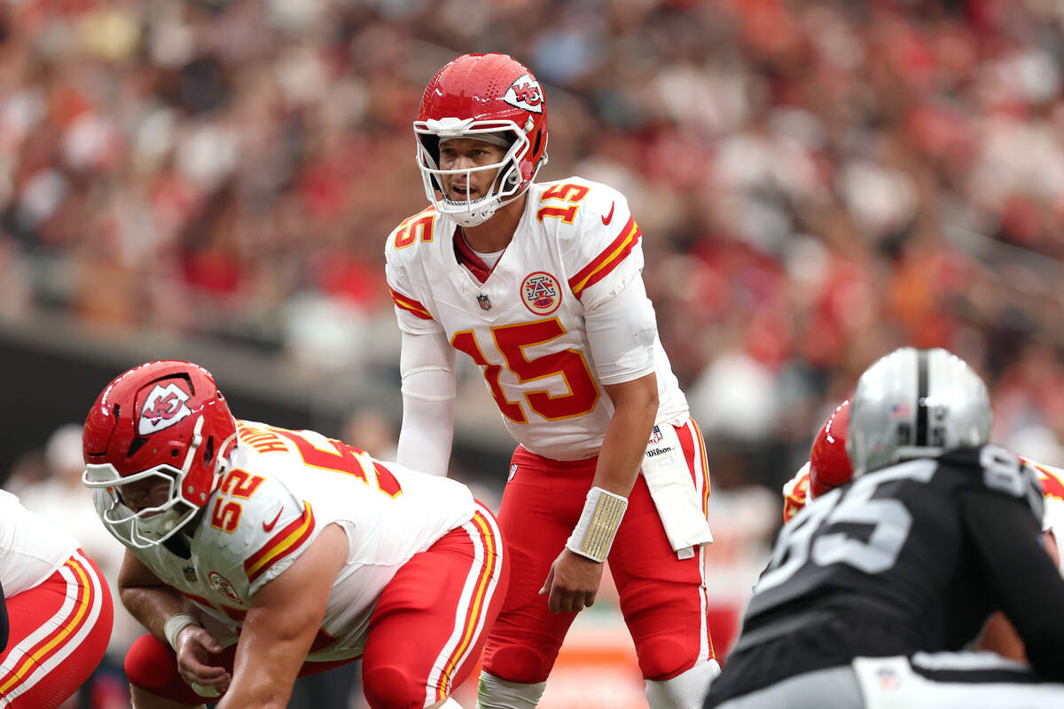 Kansas City Chiefs quarterback Patrick Mahomes (15) prepares for a play against the Las Vegas Raiders in a Week 4 NFL game at Allegiant Stadium in Paradise, Nev., Sunday, Oct. 4, 2026.