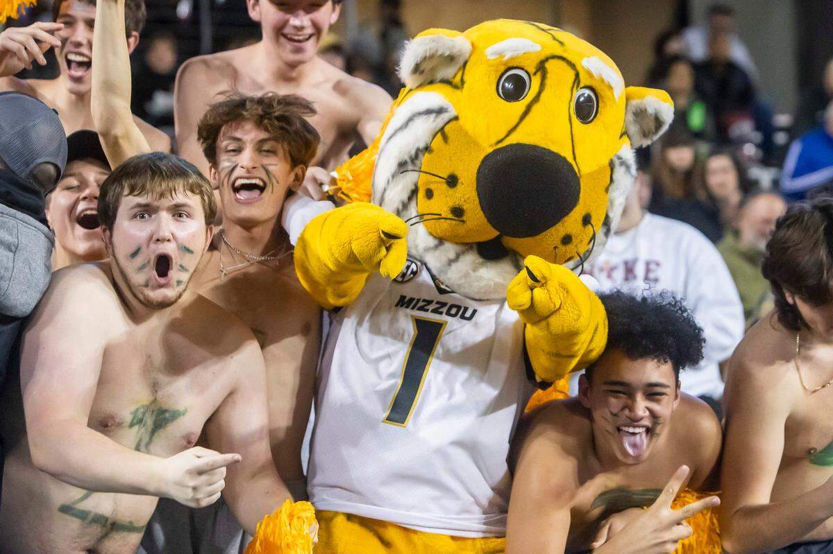 MU’s Truman the Tiger mascot celebrates with fans during Mizzou’s Armed Forces Bowl appearance in Fort Worth, Texas, in December 2021.