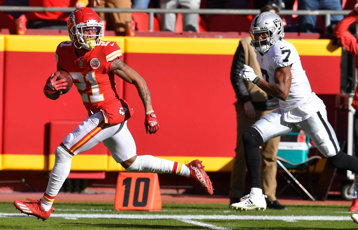 Chiefs cornerback Mike Hughes recovered a Las Vegas fumble and returned it for a touchdown early in the first quarter in Sunday’s game against the Raiders at Arrowhead Stadium.