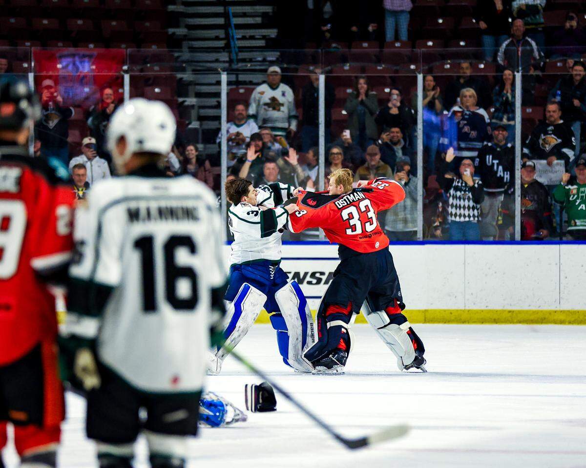 The gloves came off for a rare goalie fight during the Kansas City Mavericks’ game against Utah Grizzlies at Cable Dahmer Arena in Independence on Saturday, Dec. 7, 2024.