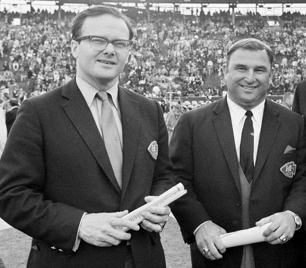 Kansas City Chiefs founder Lamar Hunt, left, and Super Bowl-winning head coach Hank Stram were a formidable duo across pro football 50 years ago. Undated photo
