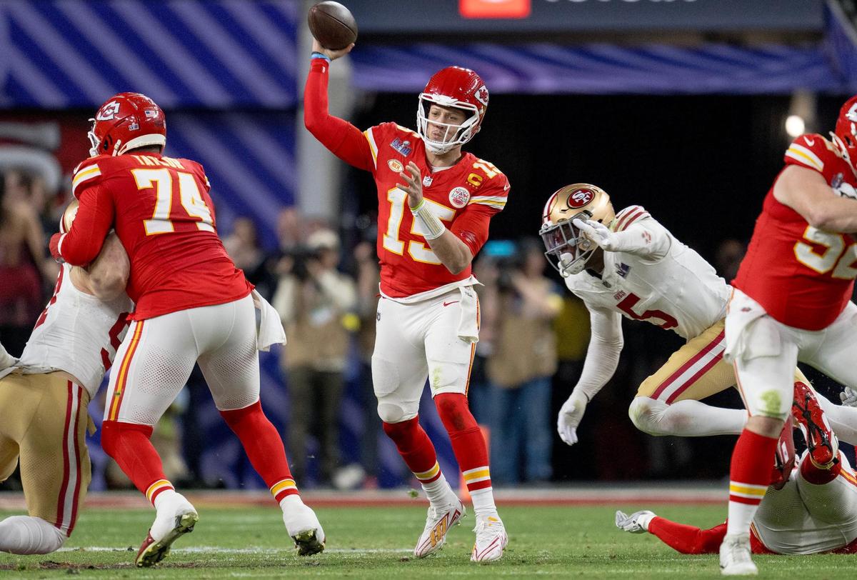 Kansas City Chiefs quarterback Patrick Mahomes (15) throws the ball against the San Francisco 49ers during Super Bowl LVIII on Sunday, Feb. 11, 2024, in Las Vegas.