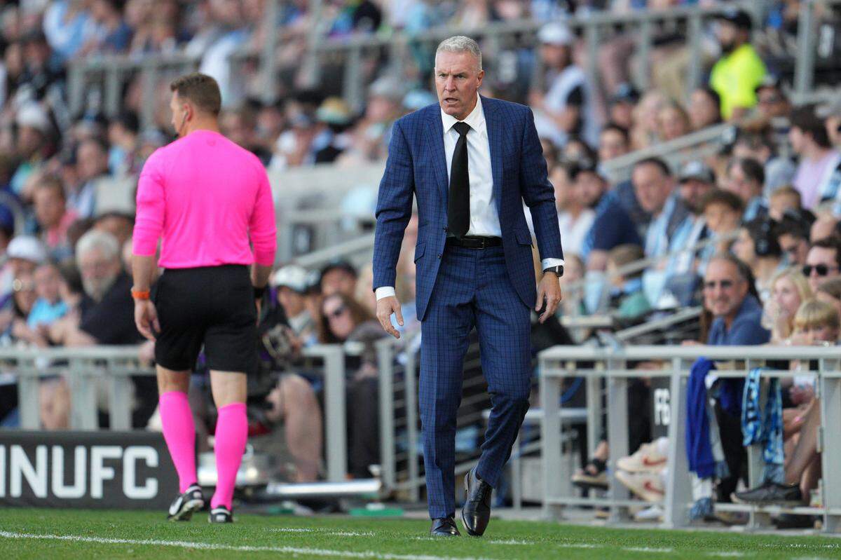 Sporting Kansas City coach Peter Vermes looks on during the first half against Minnesota United at Allianz Field on June 1, 2024.