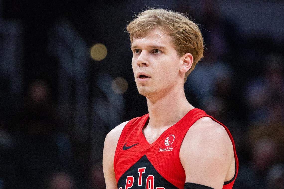 Toronto Raptors guard Gradey Dick (1) in the first half against the Indiana Pacers at Gainbridge Fieldhouse on Feb. 26, 2025.