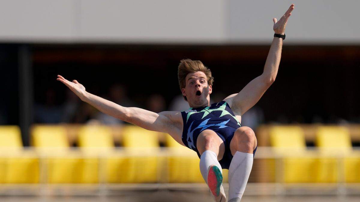 Chris Nilsen celebrates during the finals of the men’s pole vault at the U.S. Olympic Track and Field Trials on June 21, 2021, in Eugene, Ore.