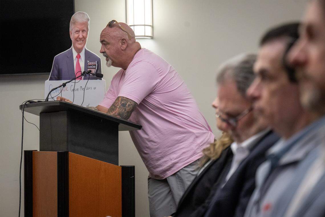 William J. Rogers spoke out against the Core Civic project during the Leavenworth city commission meeting on Tuesday night, March 10, 2026, in Leavenworth, Kansas. The commission approved a zoning permit that allows a private prison company, Core Civic, to reopen its shuttered prison on the outskirts of town as an ICE detention center.  