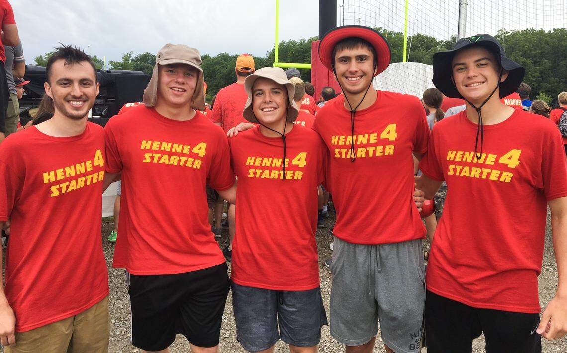 Kansas City Chiefs fans Ian Haywood, Drew Quinlin, Joe Steele, Max Haywood and Brody Rezen traveled to training camp to support their quarterback, Chad Henne.
