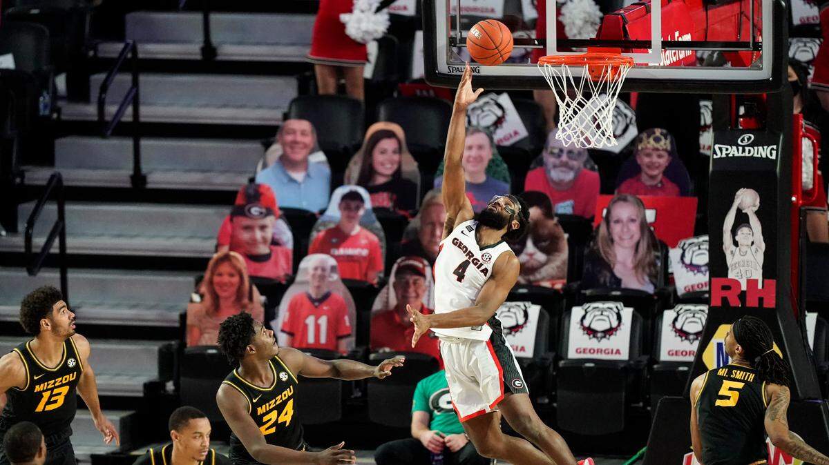 Georgia forward Andrew Garcia (4) shoots during the first half of an NCAA college basketball game against Missouri, Tuesday, Feb. 16, 2021, in Athens, Ga. (AP Photo/Brynn Anderson)