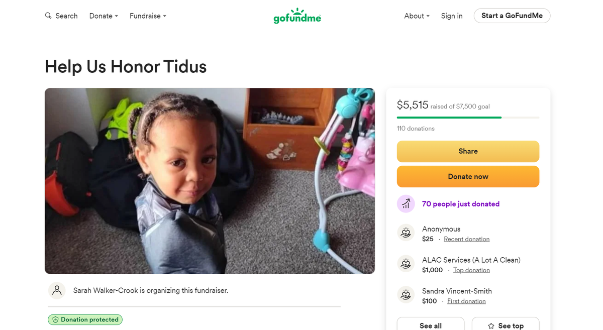 Three-year-old Tidus L. Bass is seen in a photo attached to a GoFundMe page after he was killed in a fall from his eighth story apartment at Independence Towers.