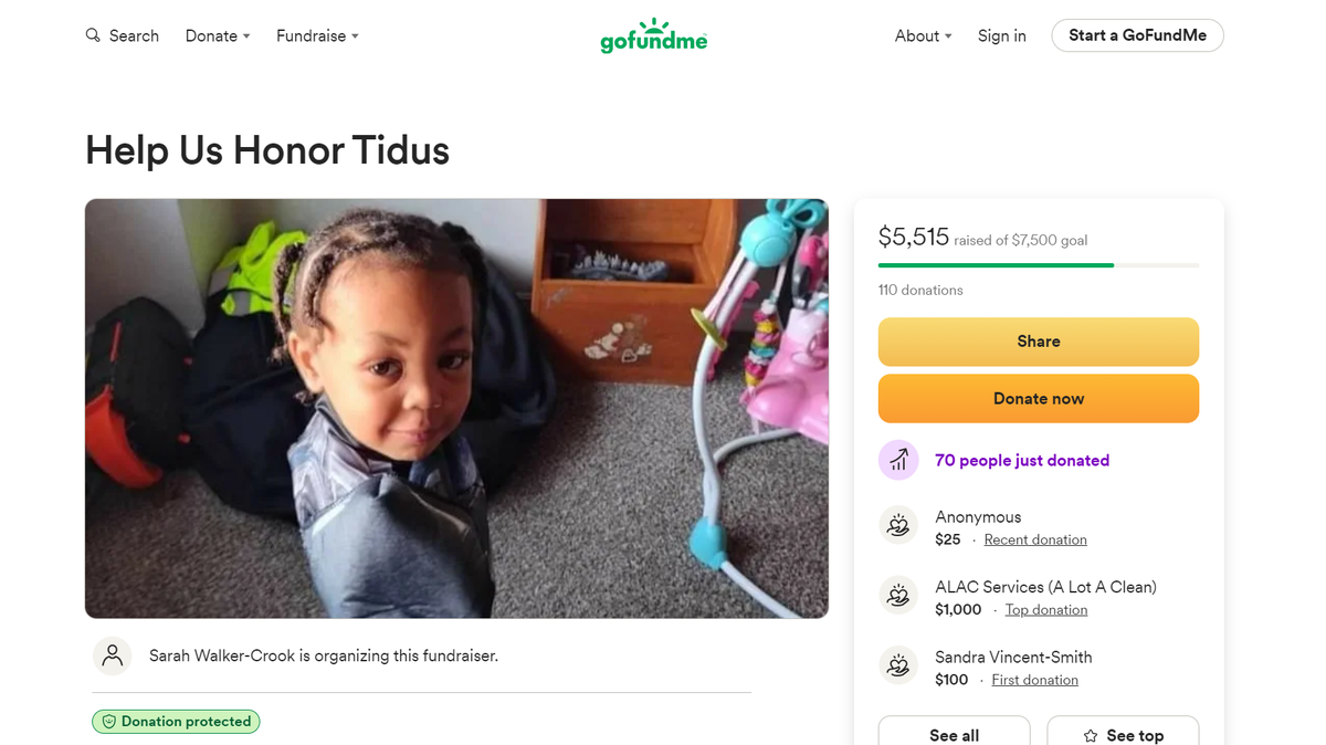 A photo of the GoFundMe fundraiser for 3-year-old Tidus, who died Monday after a fall from his eighth story apartment in an Independence high-rise known to have a history of maintenance problems and other issues.