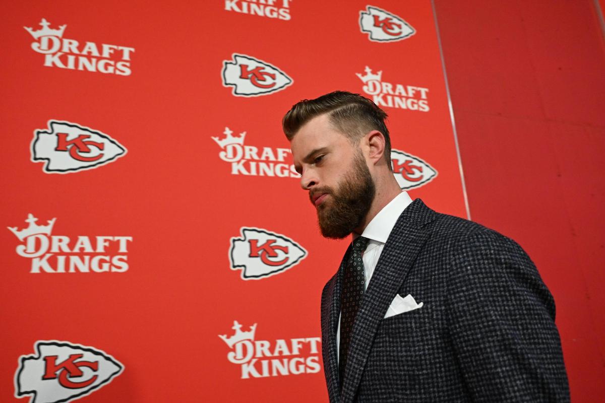 Kansas City Chiefs place kicker Harrison Butker arrives before the Chiefs’ game with the Tampa Bay Buccaneers on Monday, Nov. 4, 2024, at GEHA Field at Arrowhead Stadium.