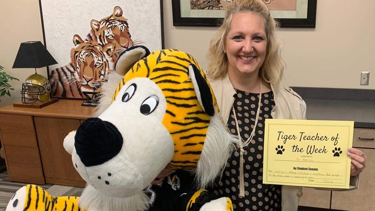 While this photo captures Kari Harrison winning the Tiger Teacher of the Week award, a much larger honor came later, when the Lee’s Summit High School educator earned the title Exemplary New Principal. The Greater Kansas City Missouri Principals Association gave her the award for the 2019-20 school year.
