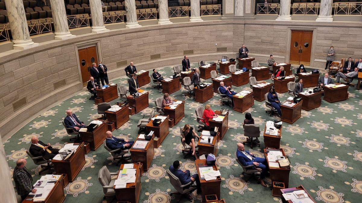 Five hardline conservative Missouri Senators stand on the floor on Tuesday afternoon in Jefferson City to vote against a proposed congressional map that would preserve the state’s six Republican and two Democratic seats. They have filibustered all week to push instead for a 7-1 map that would eliminate Kansas City’s safe Democratic seat to deliver an additional GOP district.