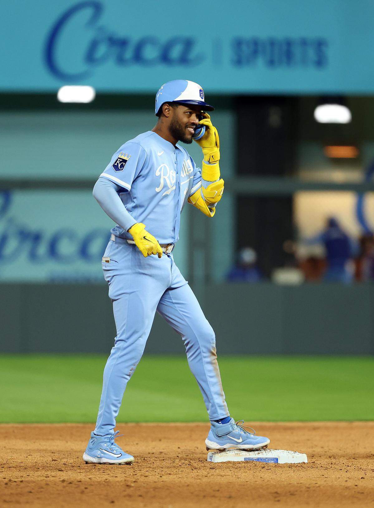 Royals third baseman Maikel Garcia doubles against the Milwaukee Brewers during a game at Kauffman Stadium in Kansas City on Saturday, April 4, 2026.