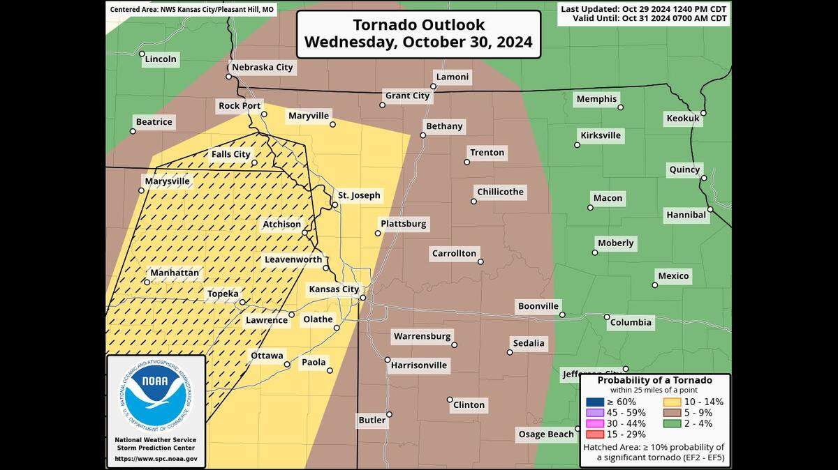 Severe thunderstorms will likely sweep through the Kansas City area on Wednesday evening. The National Weather Service’s Storm Prediction Center has placed Kansas City in an enhanced risk of severe thunderstorms. In it’s tonado outlook, the Kansas City area is in an area with a 10% probability of a tornado within 25 miles of a point. The hatched area indicates areas that could see strong tornadoes.