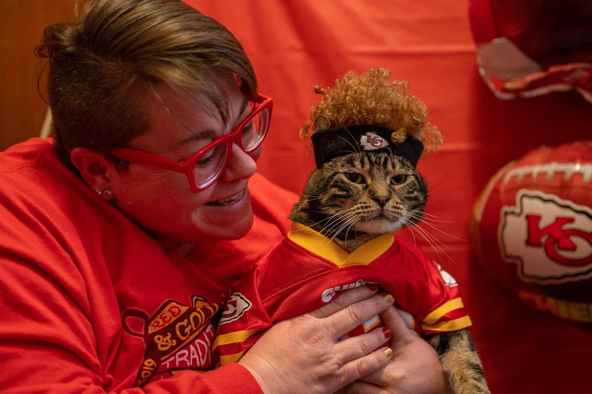 Brandy Peed cuddles her cat Sly James before photographing him as Catrick Mahomes on Thursday, Feb. 9, 2023, in Kansas City, Kansas.