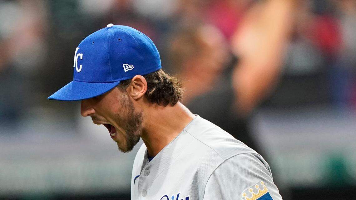 Kansas City Royals relief pitcher Jake Brentz walks off the field after giving up a solo home run to Cleveland Indians’ Bobby Bradley in the ninth inning of a baseball game, Friday, July 9, 2021, in Cleveland. (AP Photo/Tony Dejak)