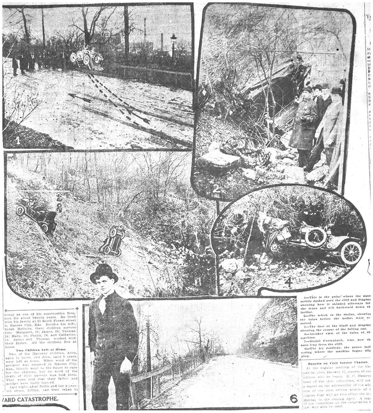 Photo collage of the Mahoney automobile accident. One of the eyewitnesses, Daniel Fehrenbach, is pictured at the bottom of the page. The collage ran in The Kansas City Post on January 25, 1910.