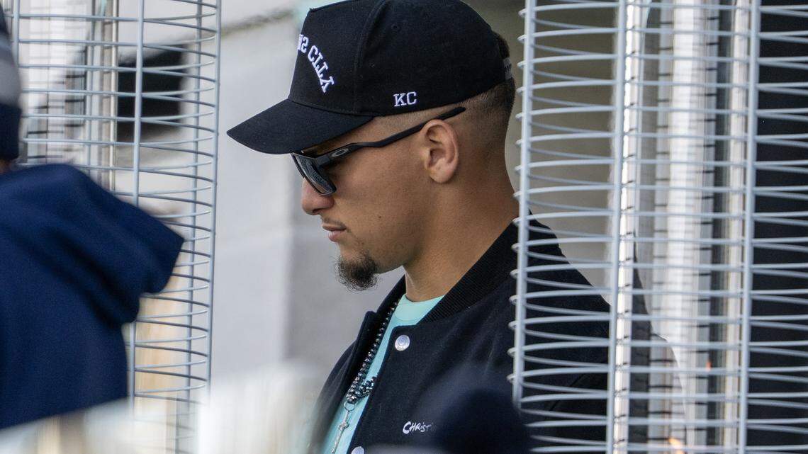 Kansas City Chiefs quarterback Patrick Mahomes (15) attends an NWSL playoff game between the Kansas City Current and Gotham FC at CPKC Stadium on Sunday, Nov. 9, 2025, in Kansas City.