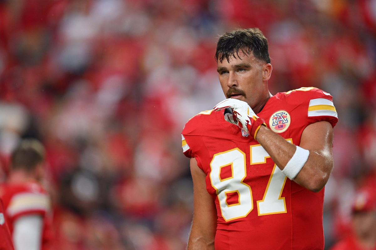Kansas City Chiefs tight end Travis Kelce was on the field before the Chiefs’ home opener with the Baltimore Ravens Thursday, Sept. 5, 2024, at GEHA Field at Arrowhead Stadium.