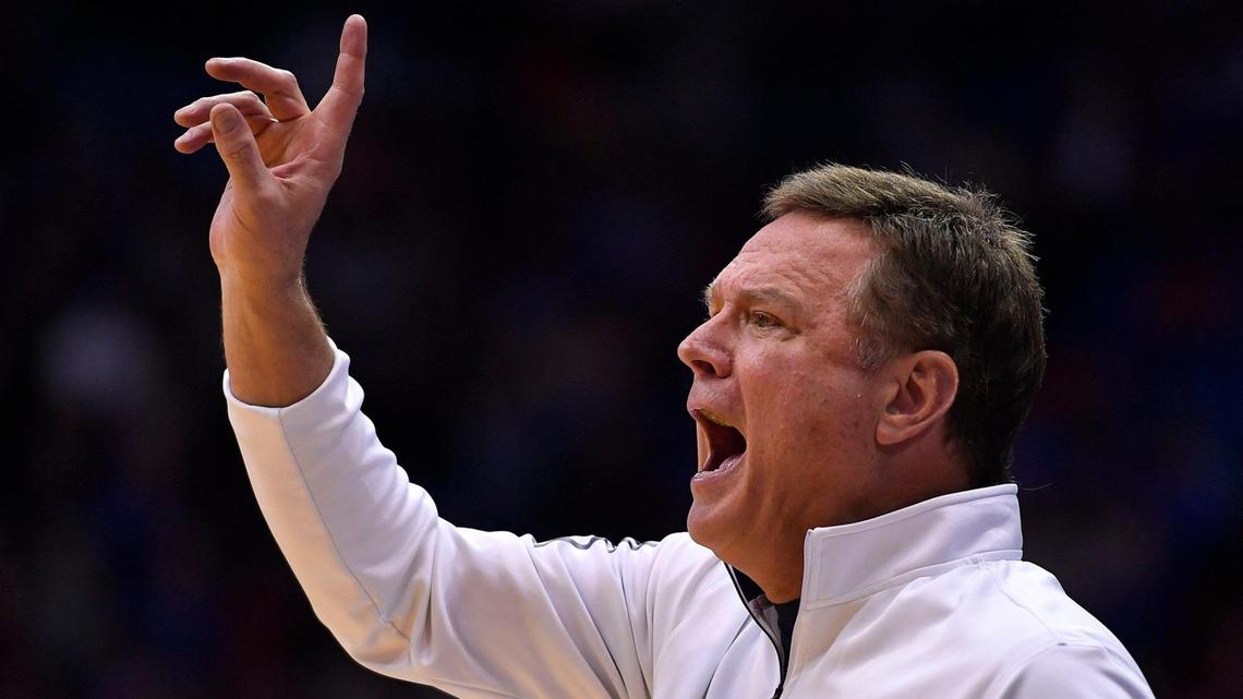 Kansas coach Bill Self calls a play during the second half of Saturday’s game at Allen Fieldhouse. KU beat George Mason 76-67 (Jan. 1, 2022).