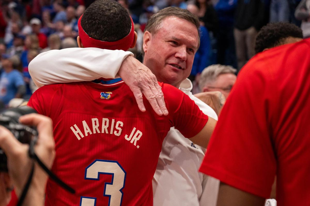Kansas Jayhawks guard Dajuan Harris Jr. hugs head coach Bill Self following the win on Senior Day vs. the Arizona Wildcats on Saturday, March 8, 2025, at Allen Fieldhouse.