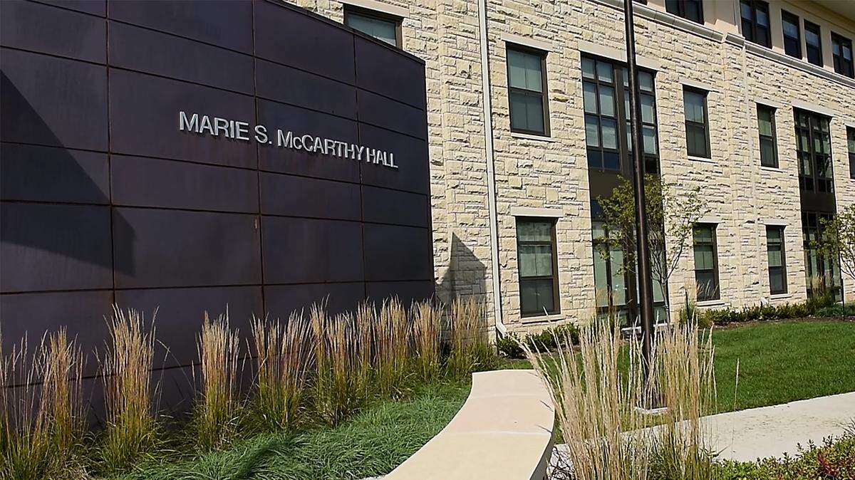 McCarthy Hall is just to the south of Allen Fieldhouse on the University of Kansas campus in Lawrence.