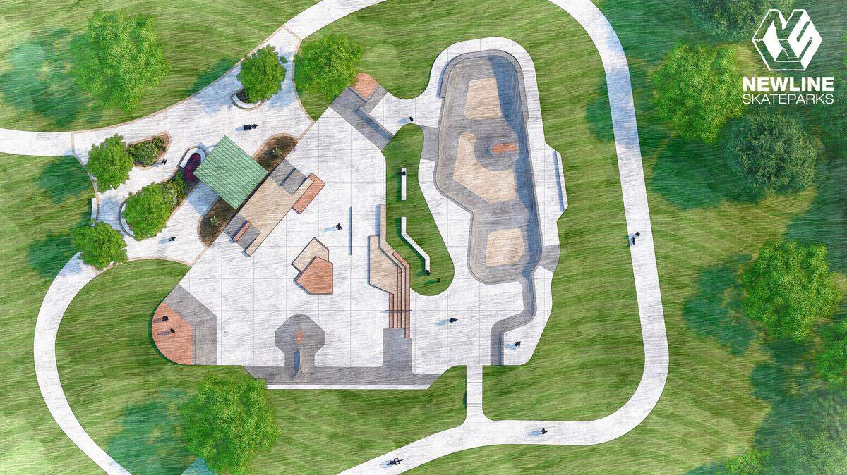 An aerial view of the upcoming skatepark in Lenexa shows its various spaces for skaters of all skill levels.