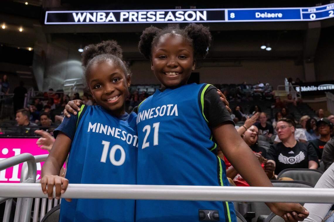 Minnesota Lynx fans MonaLisa and Cadence Childs, enjoy the WNBA preseason game featuring the Lynx vs. the Nigerian women’s basketball team on Monday, April 27, 2026, at T-Mobile Center.