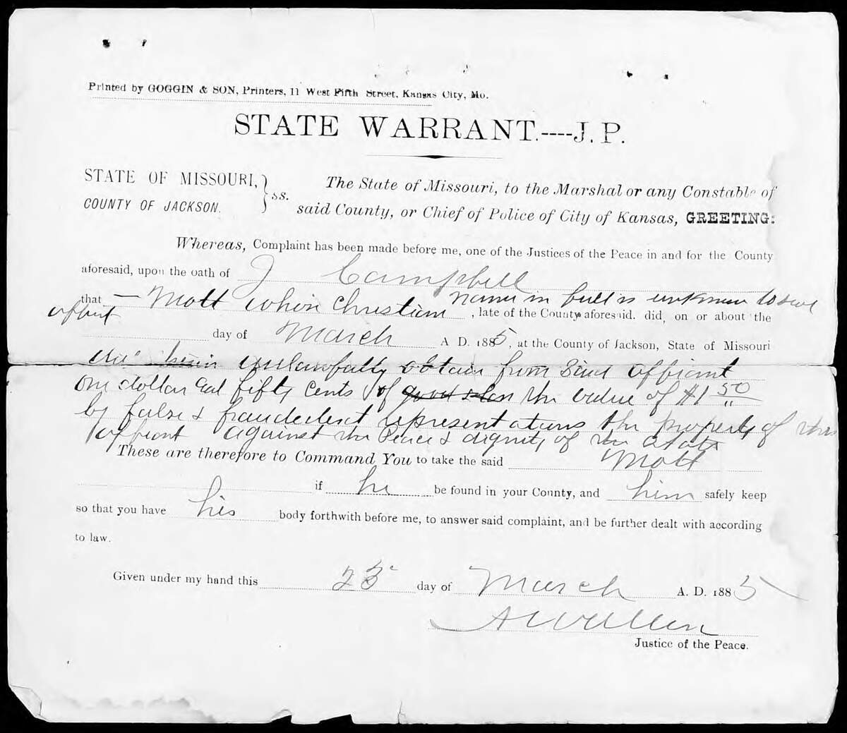 The 1885 arrest warrant for John Harvey Mott.