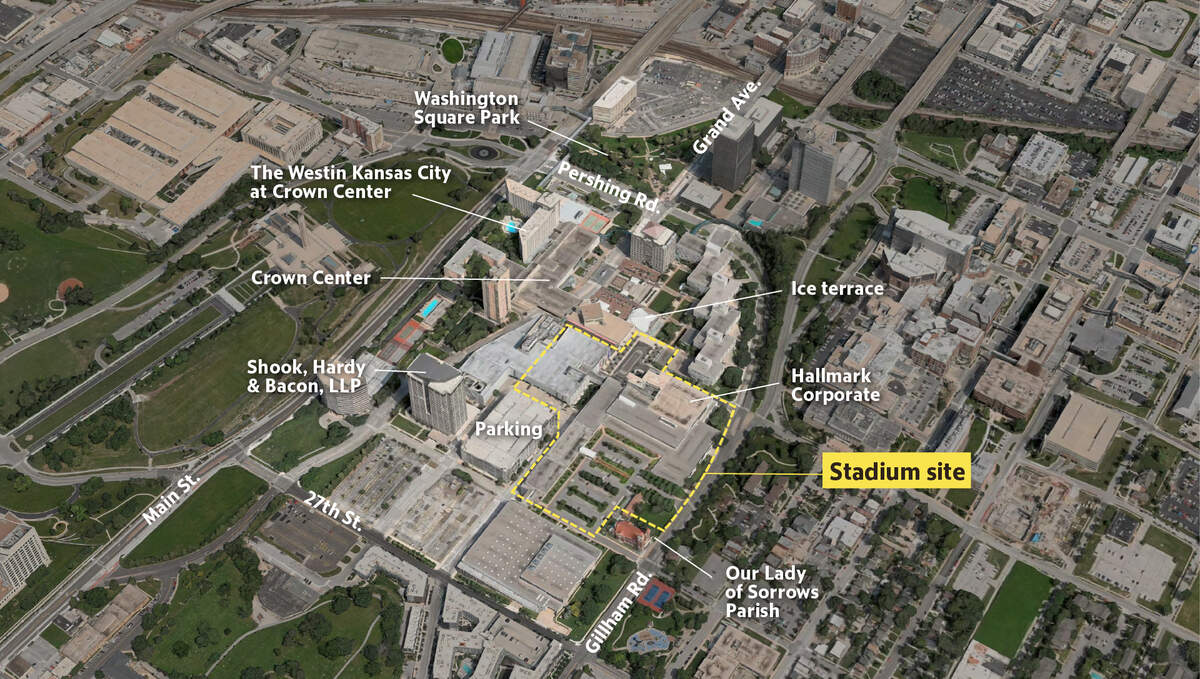 Map showing the proposed stadium location within the Crown Center district.