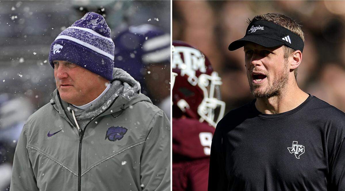 Kansas State’s football program is undergoing a transition from retiring head coach Chris Klieman, right, to Collin Klein, right. Klein is a former KSU quarterback now coaching at Texas A&M as the Aggies’ offensive coordinator.