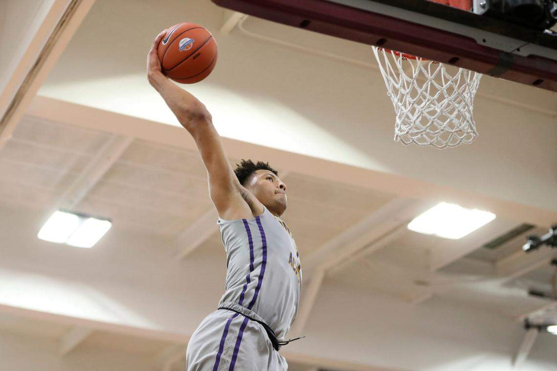 Montverde’s Cade Cunningham #1 dunks against NSU University School in a Boys Quarterfinal game at the Geico High School Basketball Nationals in the Queens borough of New York on Thursday, April 4, 2019. (AP Photo/Gregory Payan)