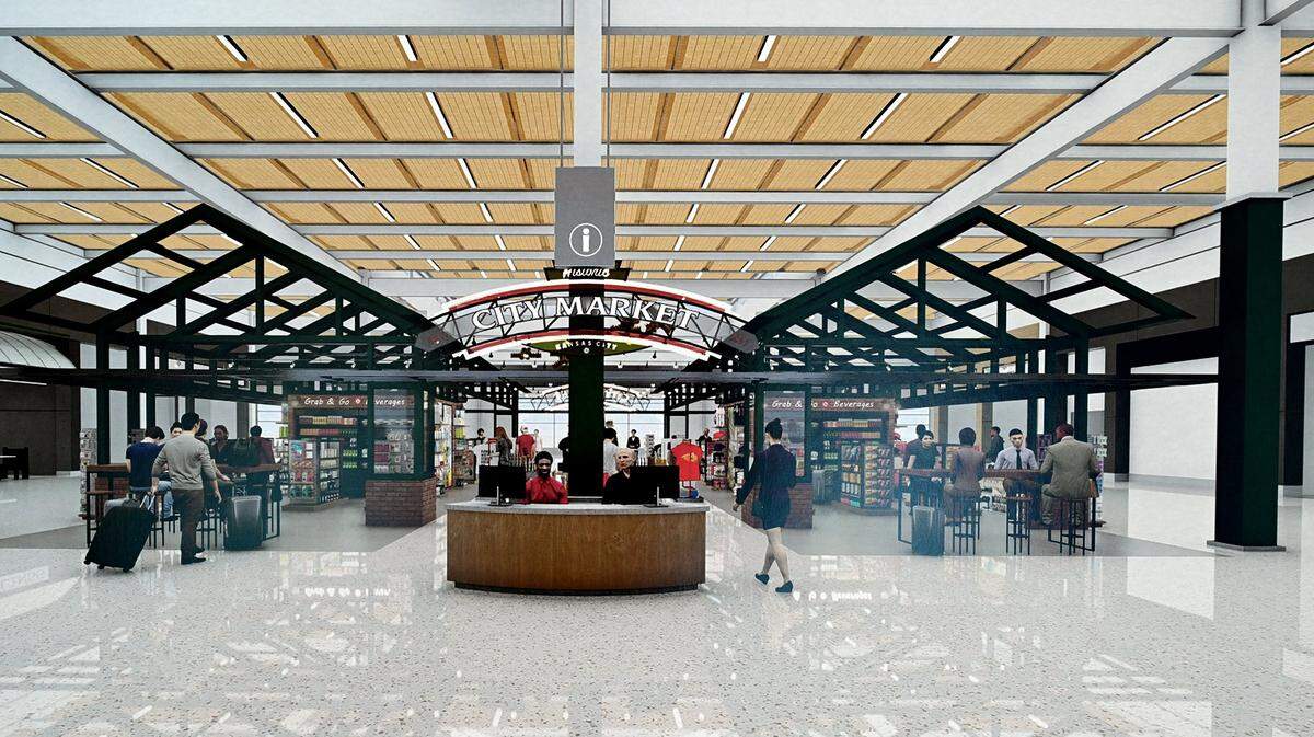 Construction on the new Kansas City International Airport continues and is about 90 percent complete. The airport is slated to open in March of 2023 and feature 39 gates. Above is a rendering of the City Market area, designed after with the existing market, downtown.