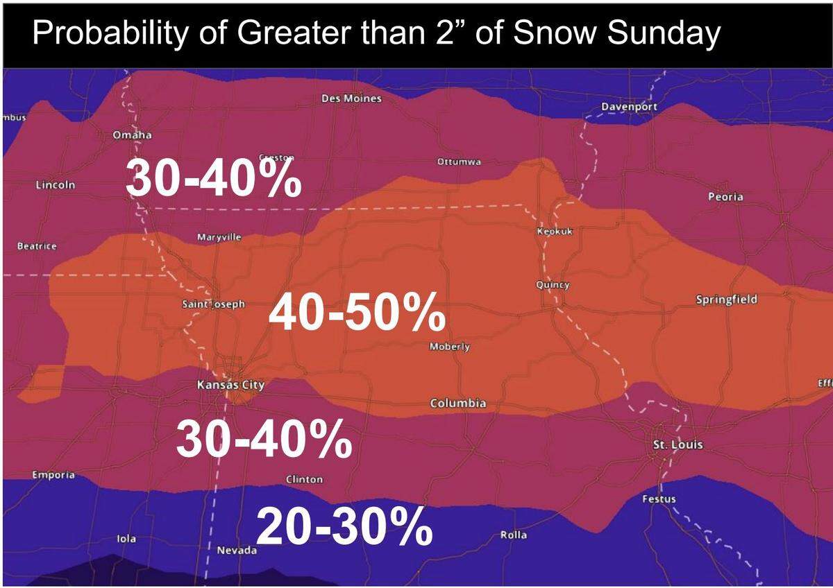 A more significant storm system is expected to impact the Kansas City region Saturday night into Sunday, the National Weather Service said. Snow is expected across the northern half of Missouri, while areas farther south could see a wintry mix. There’s uncertainty in the forecast, so those traveling this weekend will want to stay tuned to the latest developments.