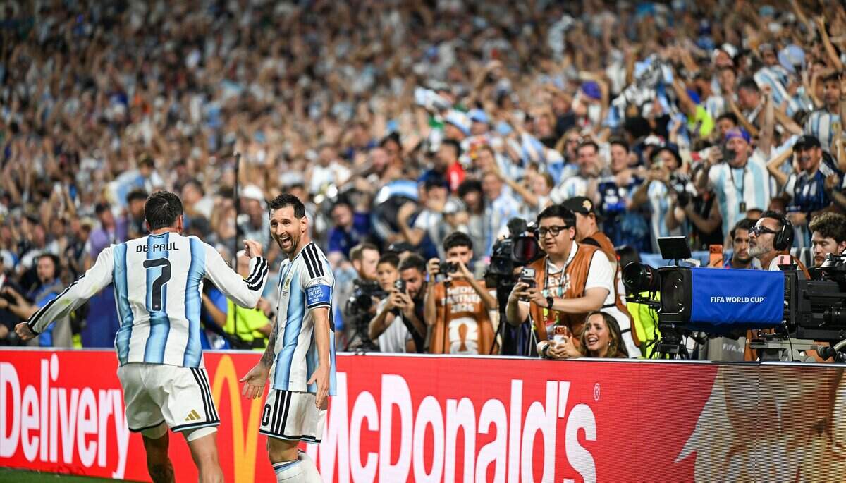 Argentina forward Lionel Messi (10) celebrates after his second goal in the Argentina vs. Algeria FIFA World Cup group-stage soccer match at Kansas City (Arrowhead) Stadium in Kansas City on Tuesday, June 16, 2026.