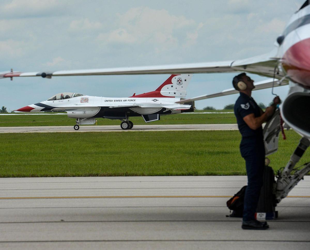 The United States Air Force Thunderbirds fly, Thursday, July 1, 2021, at New Century AirCenter near Gardner, Kan. The Thunderbirds arrived to fly in the KC Air Show this weekend.